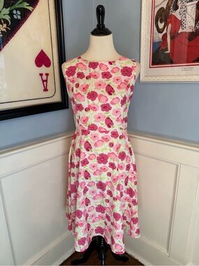 Retro White and Pink Floral Midi Swing Dress Sz M